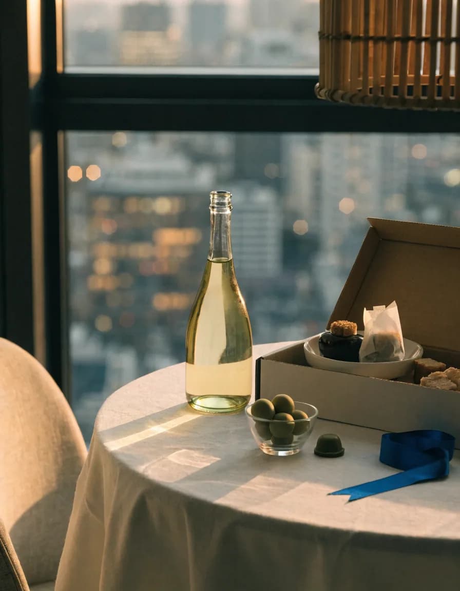 An opened gift hamper on a dinner table in Tokyo at golden hour